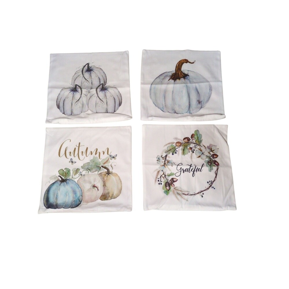 Set of 4 White Fall Pumpkin Square Pillow Covers Zipper 18 x 18 Farmhouse